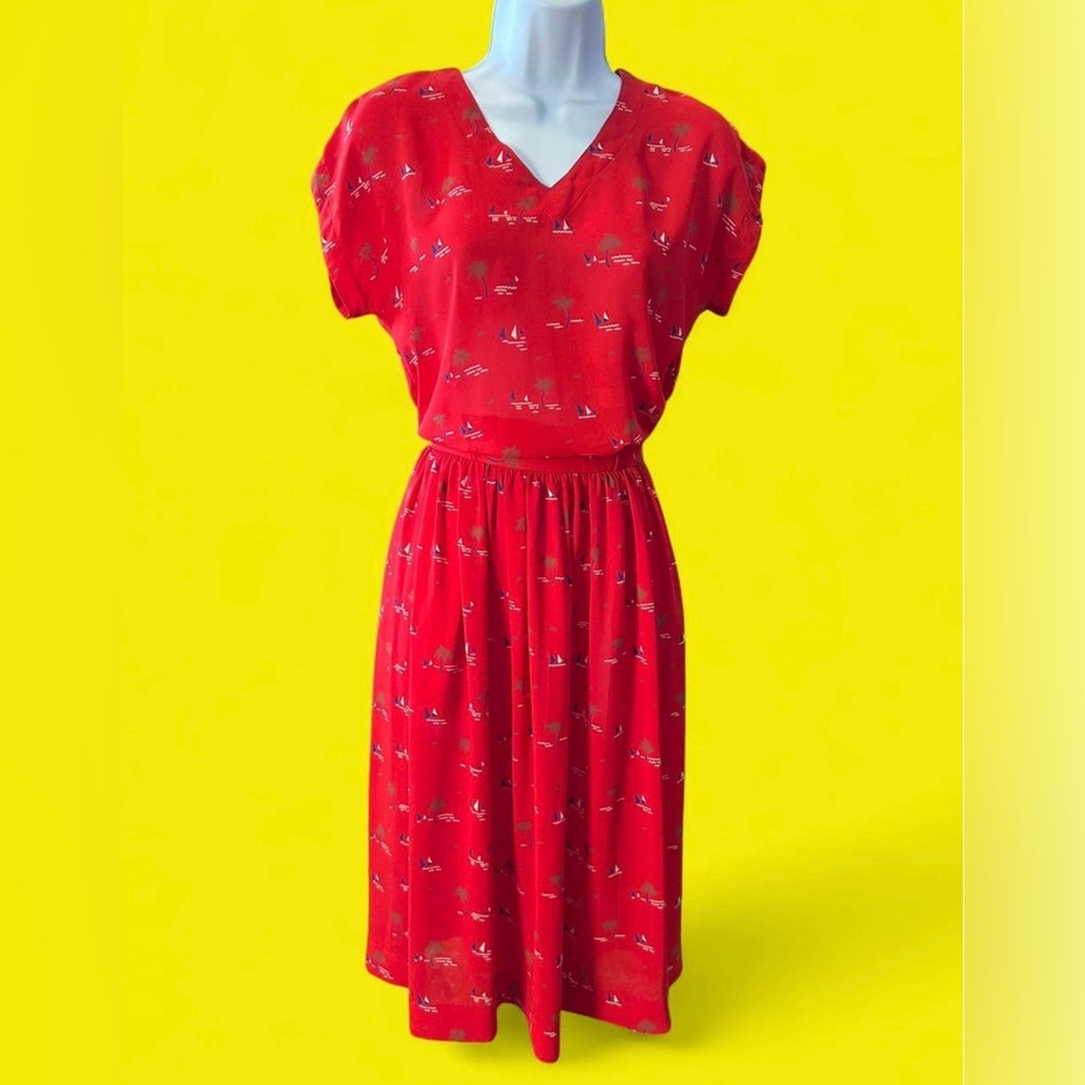 Vintage Red Sailboat Print 2 piece set  Skirt and Shirt